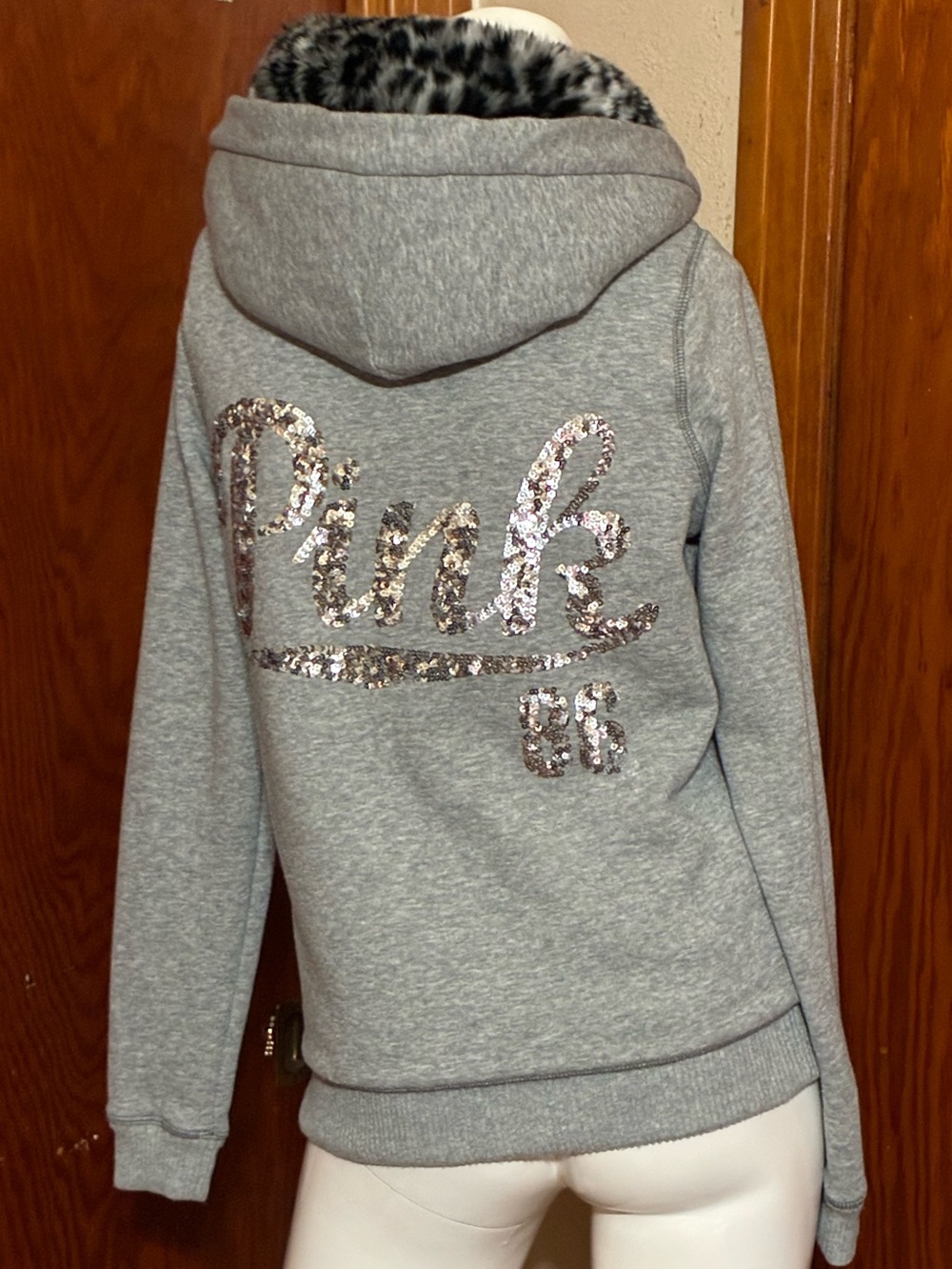 VS PINK Grey w/ Silver Sequin Logo & Leopard Print Faux Fur Lining Zip Up Hoodie - Picture 2 of 6